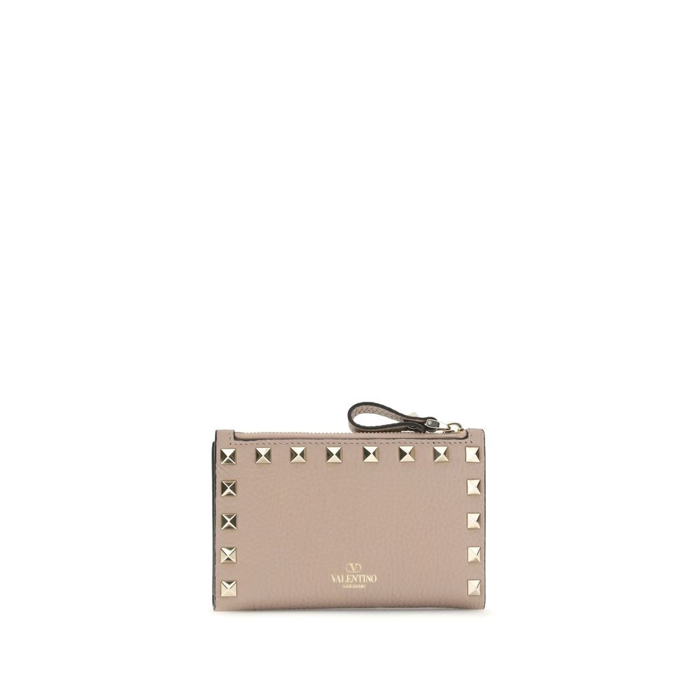 Valentino Garavani Rockstud Card Holder/Coin Purse in Beige Leather