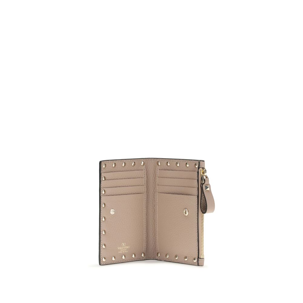 Valentino Garavani Rockstud Card Holder/Coin Purse in Beige Leather