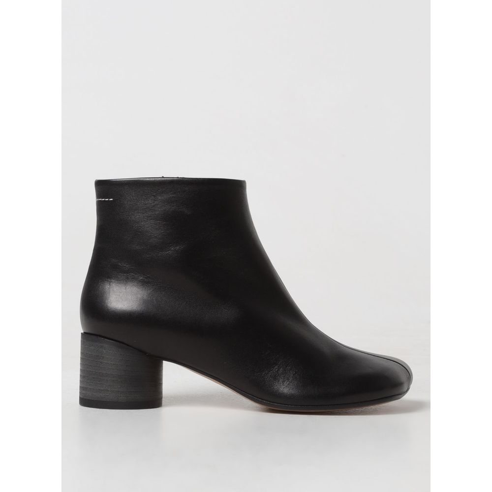 MM6 Black Leather Ankle Boots with Block Heel and Exposed Stitching