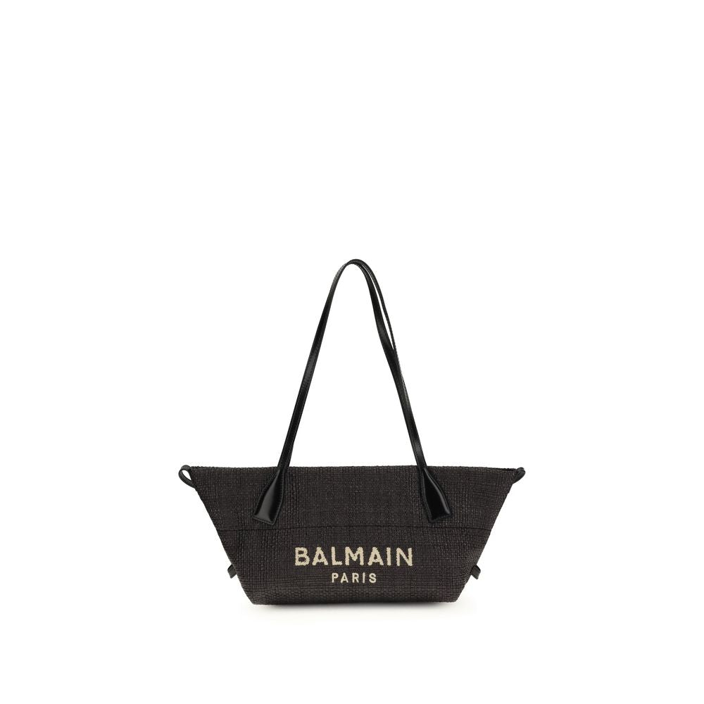 Balmain Track Shoulder Bag in Raffia Nera e Pelle di Vitello
