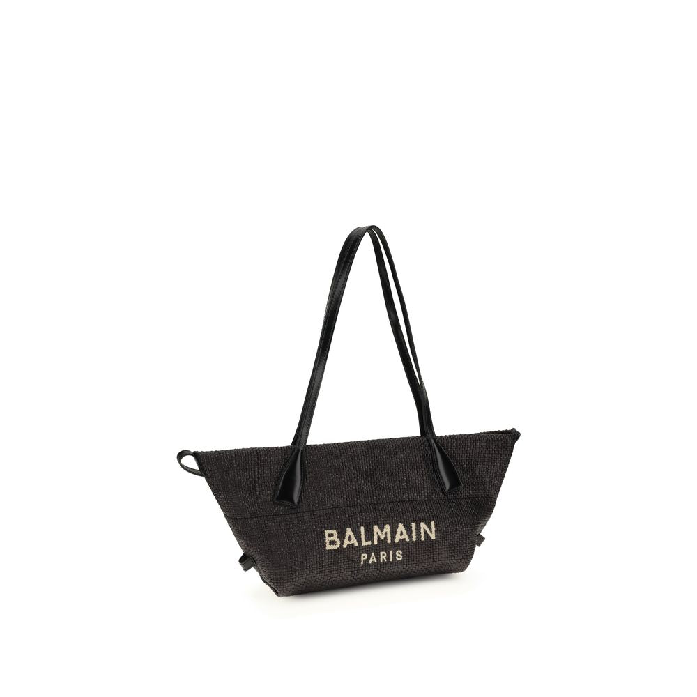 Balmain Track Shoulder Bag in Raffia Nera e Pelle di Vitello