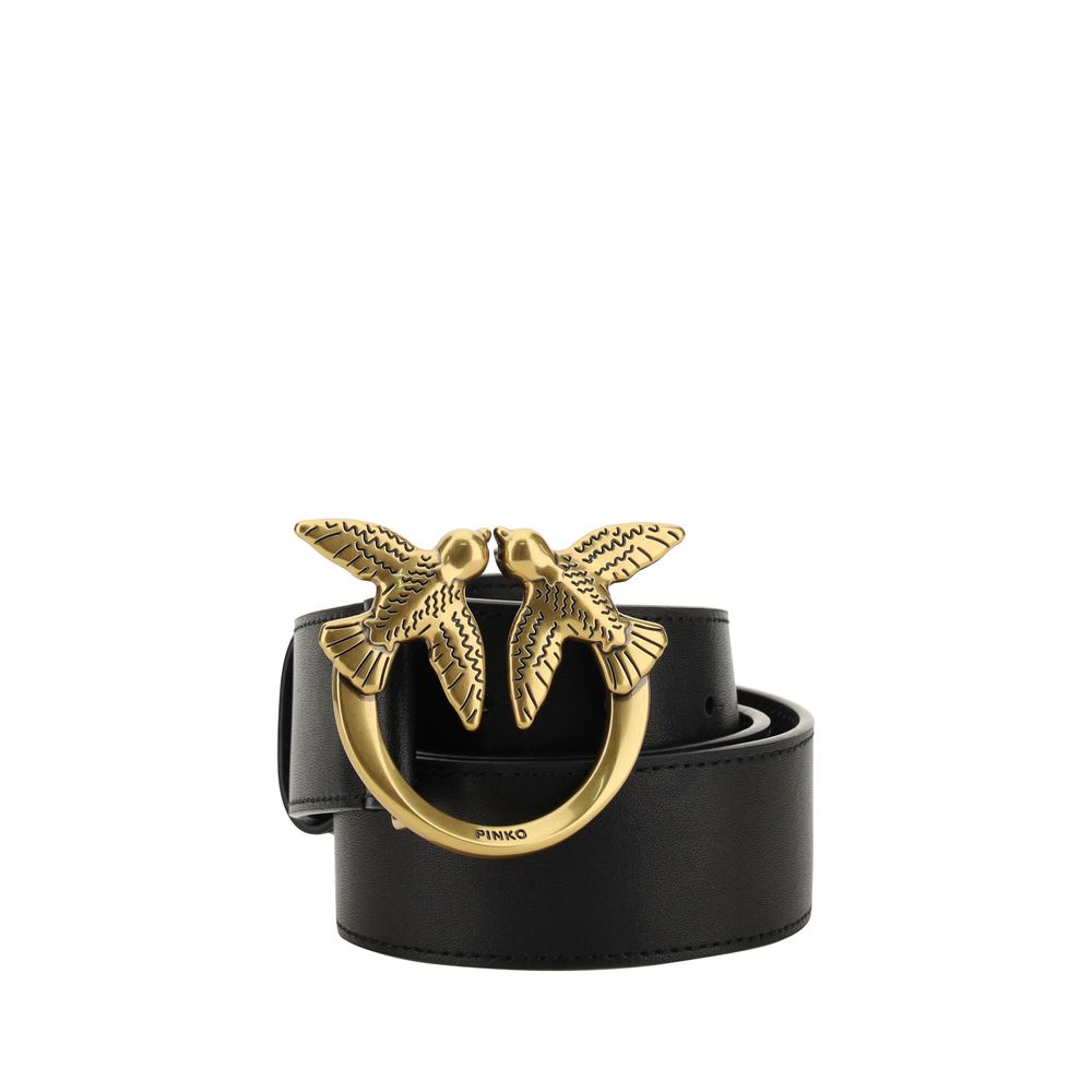 PINKO Love Berry Black Leather Belt with Love Birds Buckle
