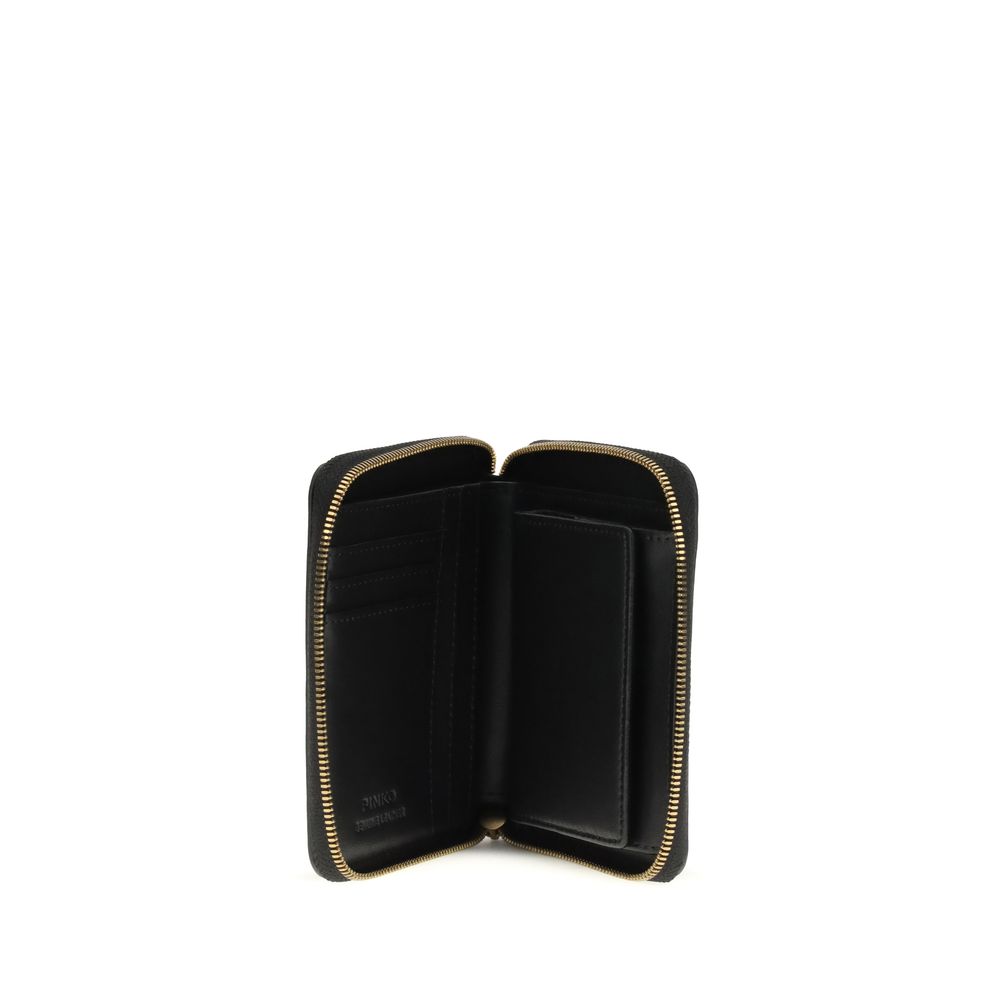 Pinko Zip-Around Wallet in Black Calfskin Love Birds