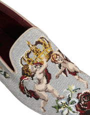 Dolce & Gabbana Gray Crown Rose Angel Embroidery Loafer Shoes
