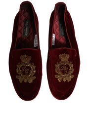 Dolce & Gabbana Maroon Velvet Crown Embroidery Loafers Shoes