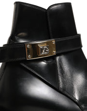 Dolce & Gabbana Black Leather DG Plaque Ankle Boots Shoes
