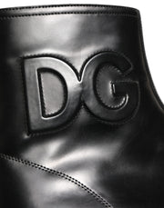 Dolce & Gabbana Black Leather Embossed Logo Ankle Boots Shoes