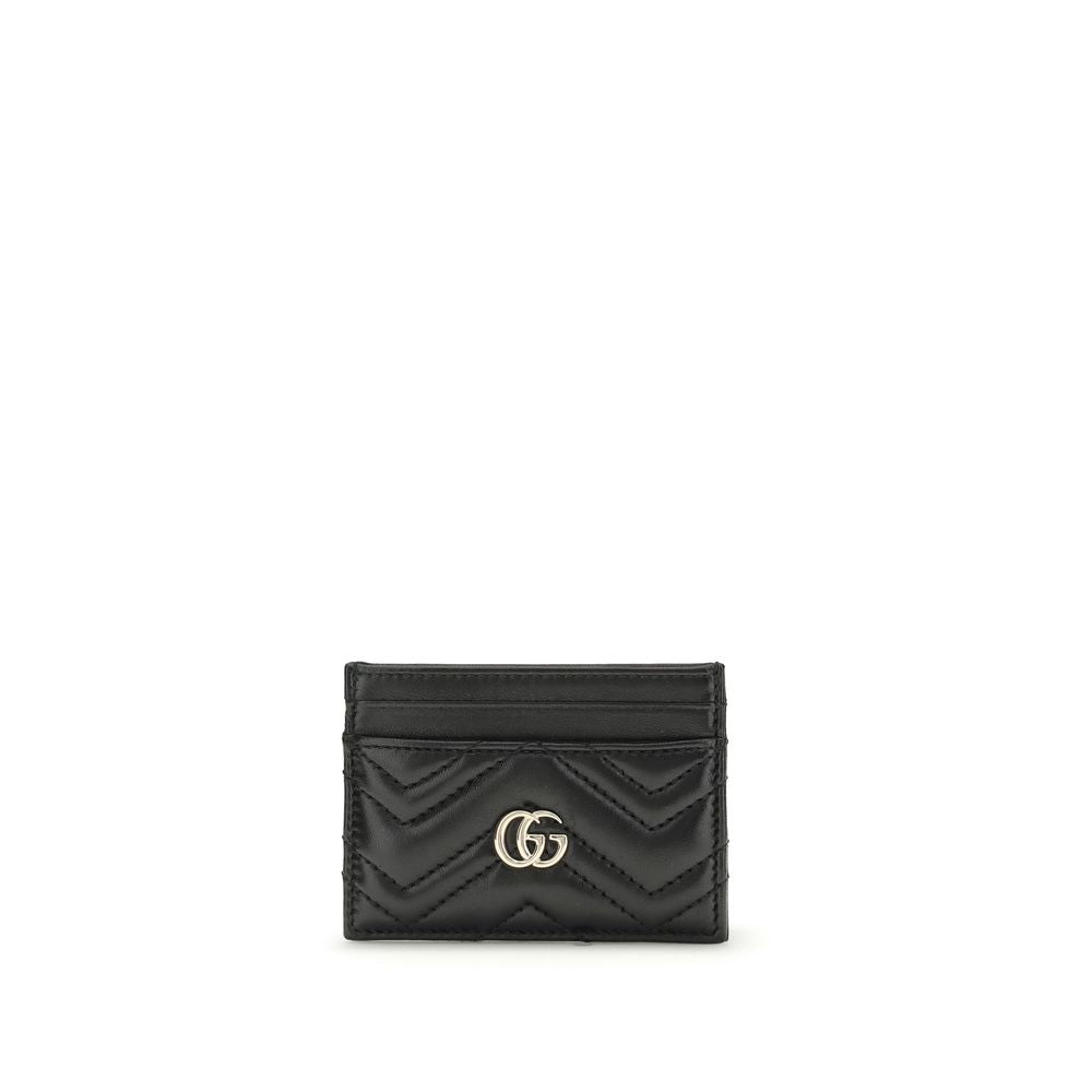 Portacarte Gucci GG Marmont Matelassé Nero in Pelle di Agnello Chevron con Doppia G