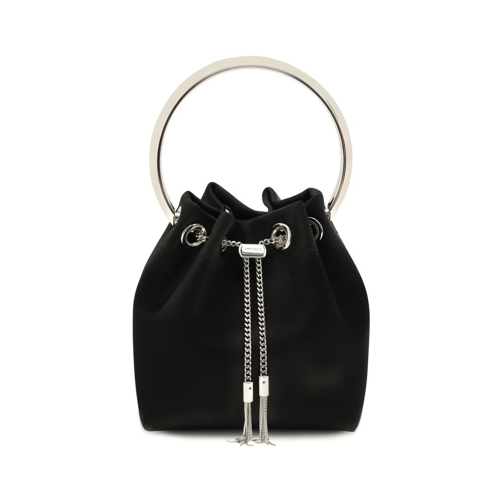 Borsa Secchiello Jimmy Choo Bon Bon in Seta Nera Manico Tondo