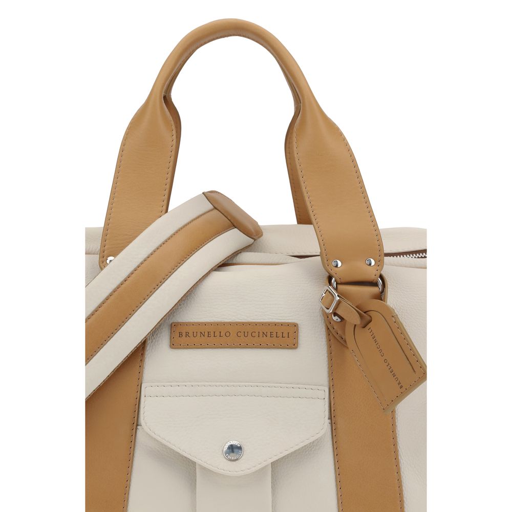 Brunello Cucinelli Street Travel Bag in Pelle di Vitello Beige, Tracolla Removibile