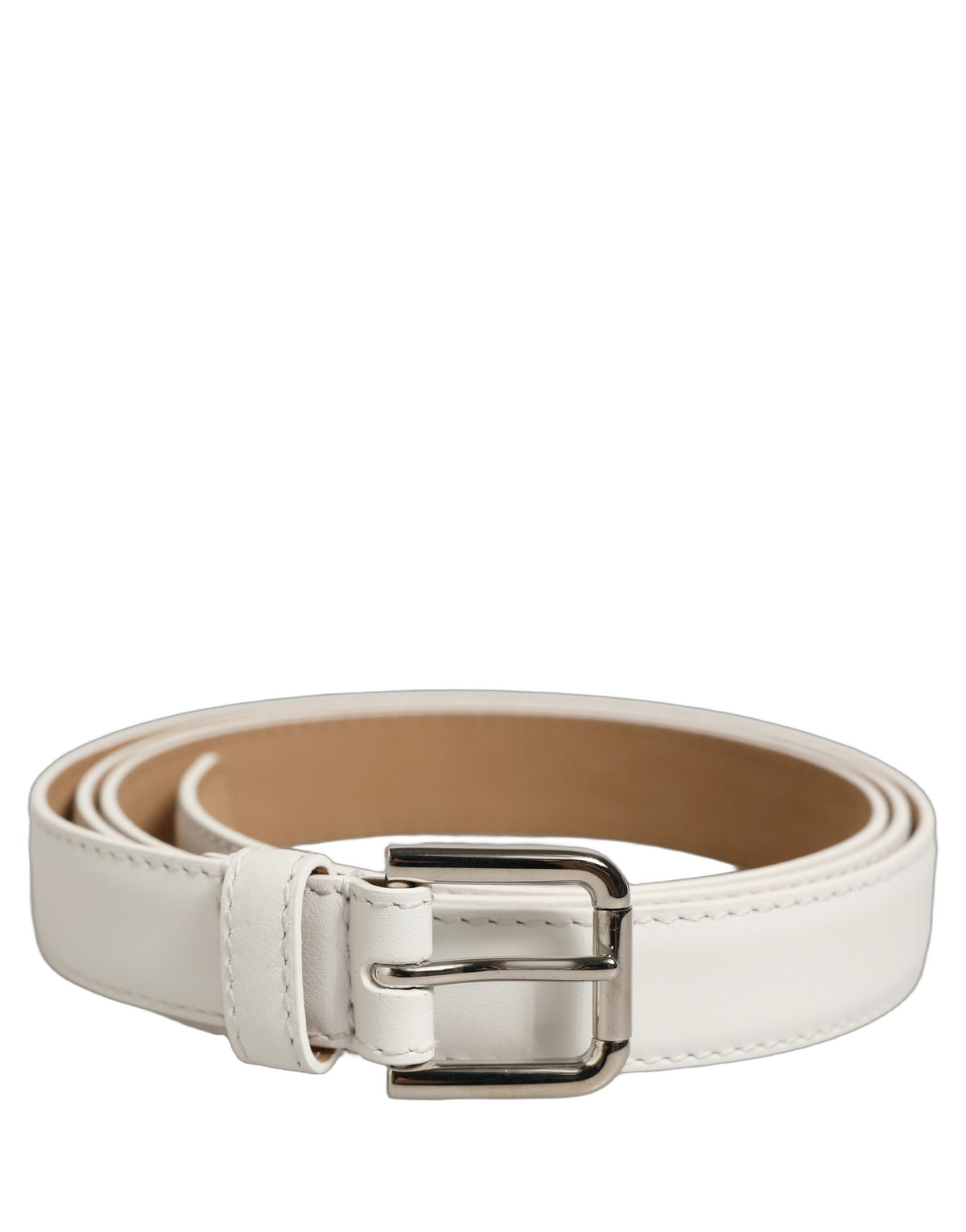 Dolce & Gabbana White Leather Silver-Tone Metal Buckle Belt