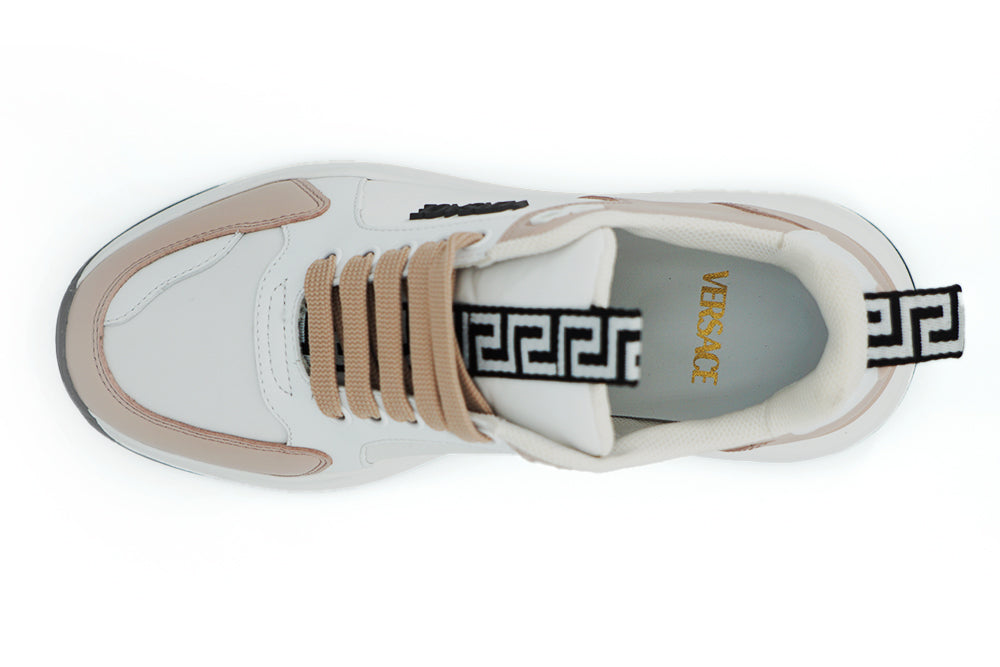 Sneakers Low Top Versace in Pelle di Vitello Rosa e Bianca, Logo Medusa