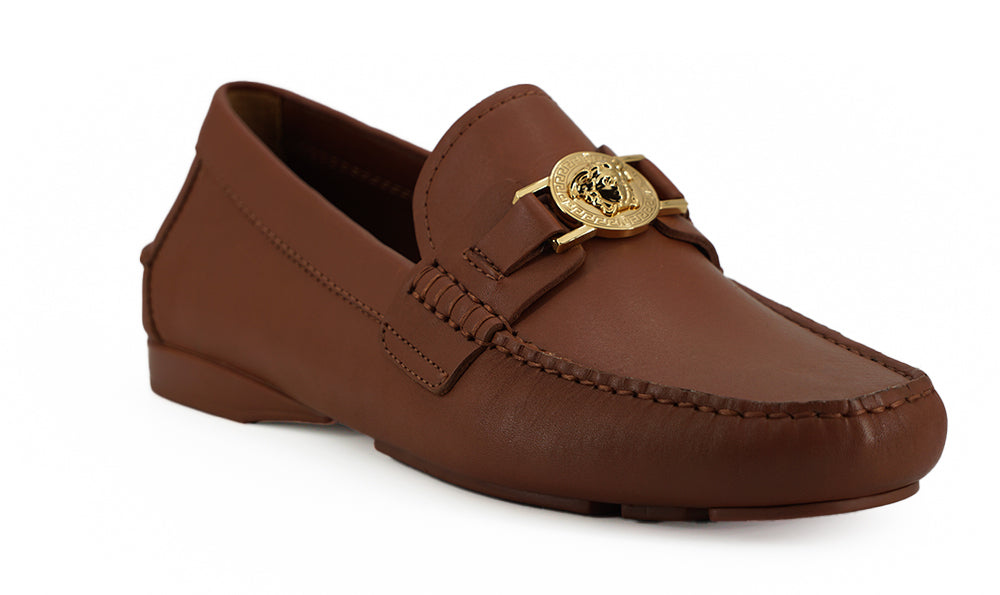 Versace Car Shoe Men's Loafers in Natural Brown Calfskin, Medusa Logo