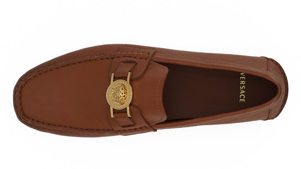 Versace Car Shoe Men's Loafers in Natural Brown Calfskin, Medusa Logo