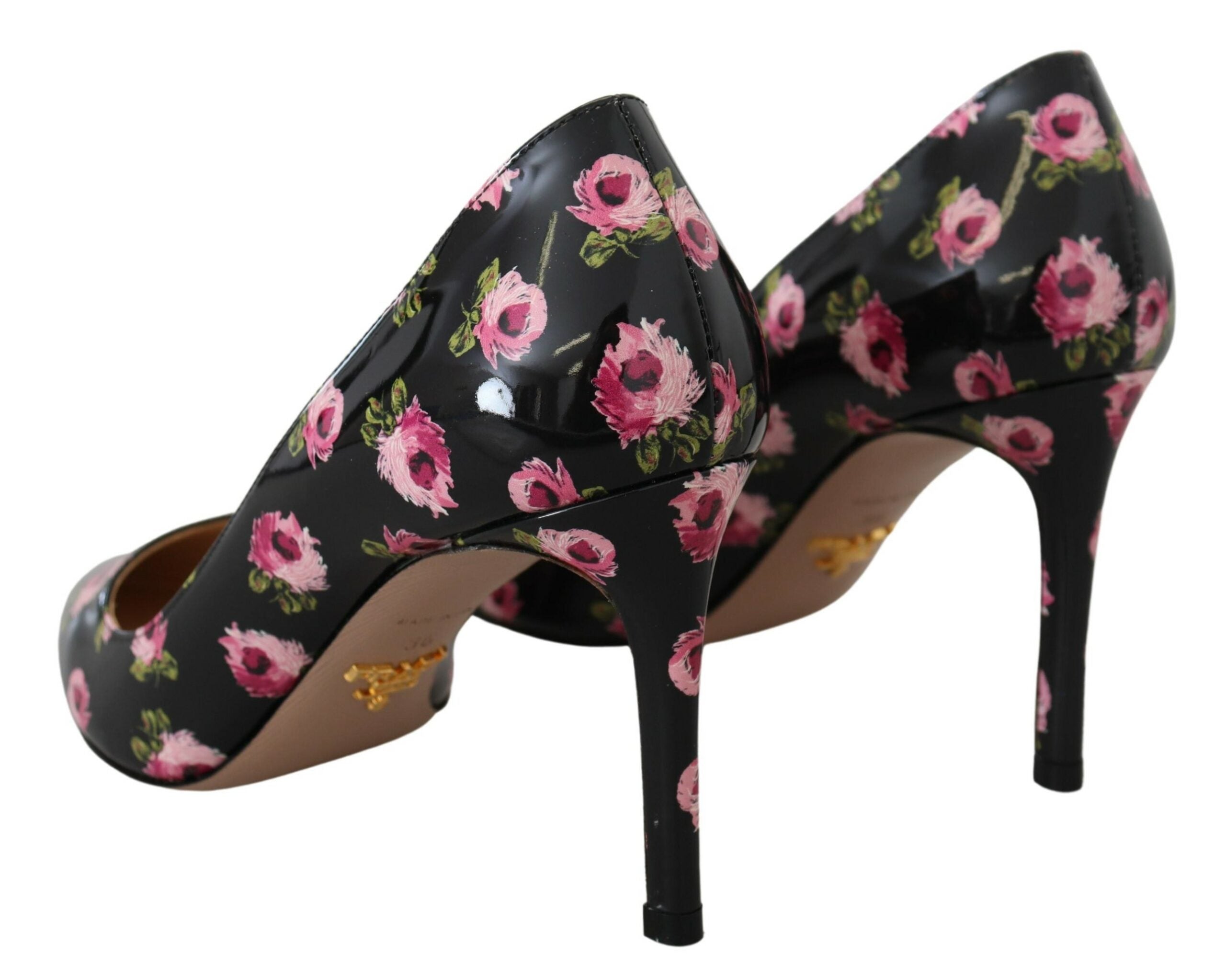 Prada High Heel Pumps in Black Leather with Pink Floral Print