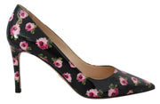 Prada High Heel Pumps in Black Leather with Pink Floral Print