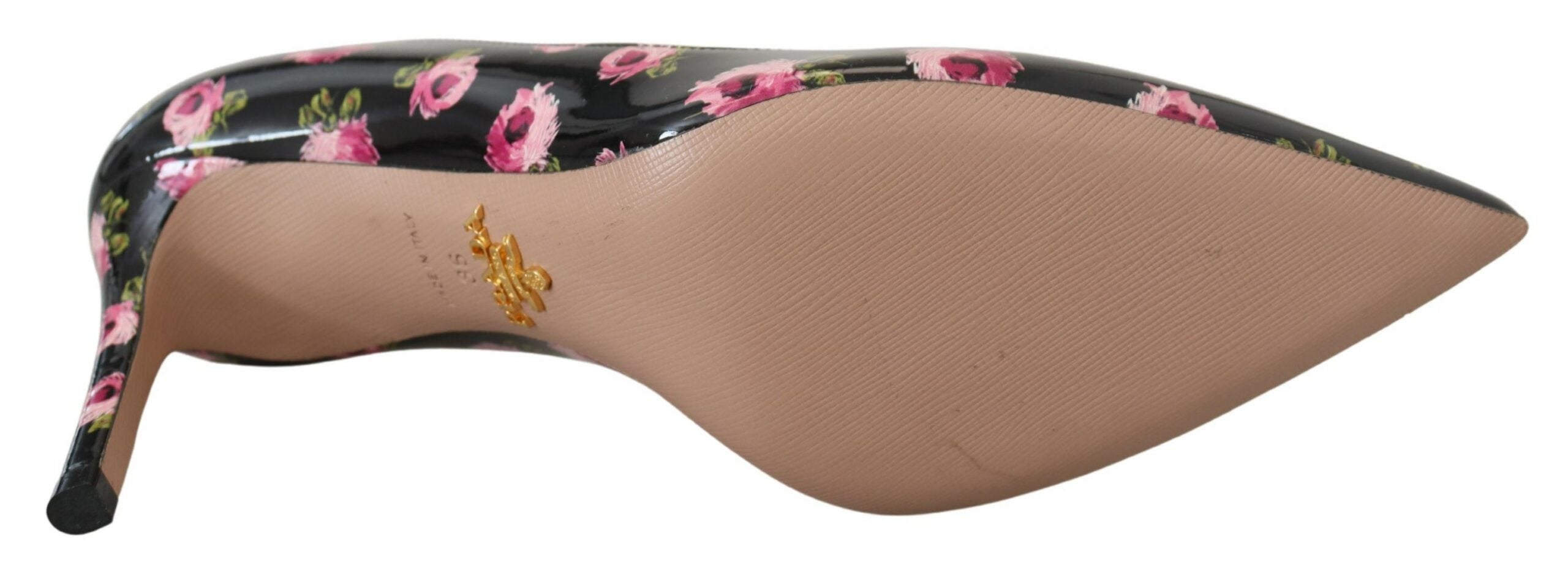 Prada High Heel Pumps in Black Leather with Pink Floral Print