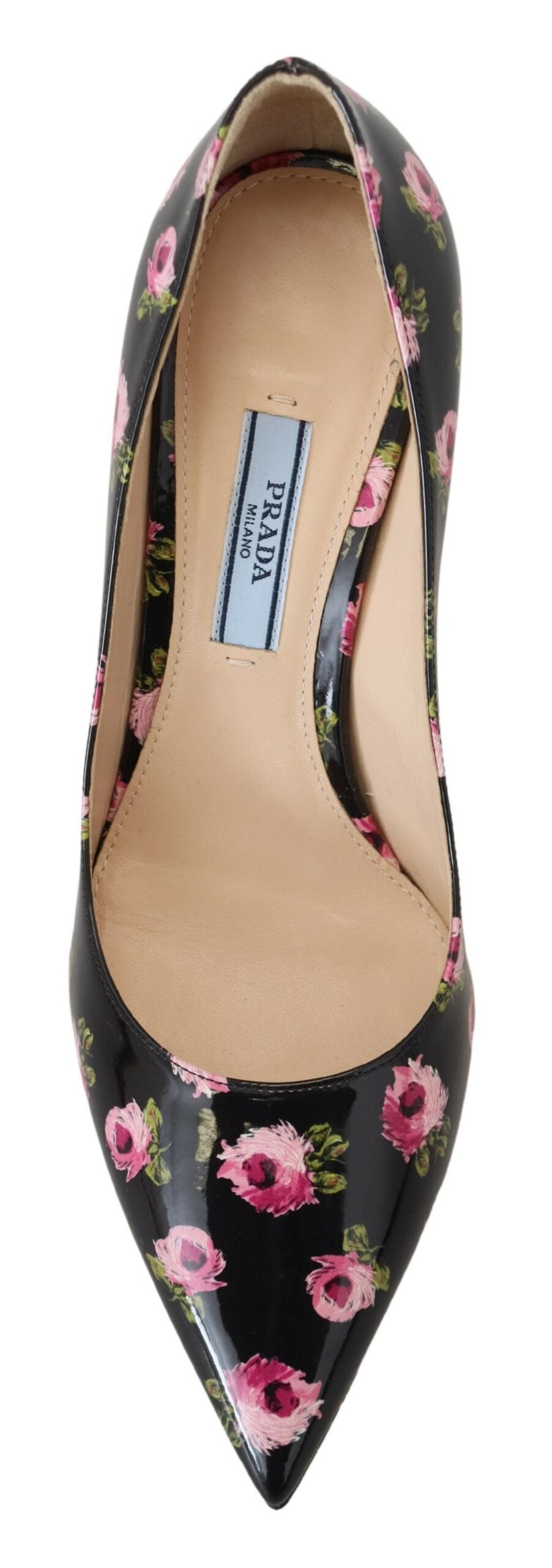 Prada High Heel Pumps in Black Leather with Pink Floral Print
