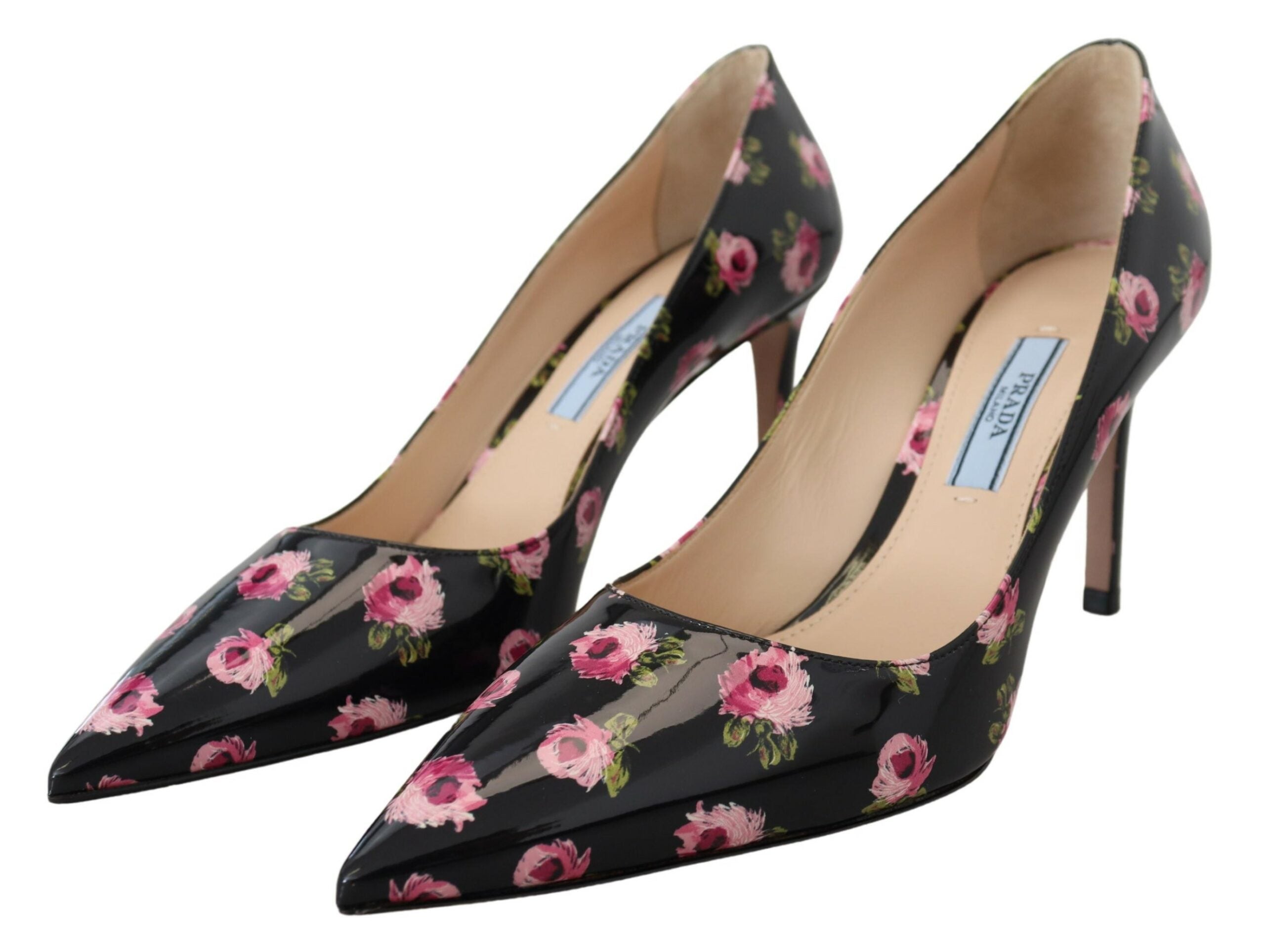 Prada High Heel Pumps in Black Leather with Pink Floral Print