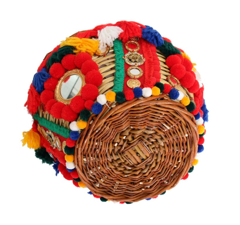 Dolce & Gabbana Multicolor AGNESE Straw Crystal Pom Pom Bag