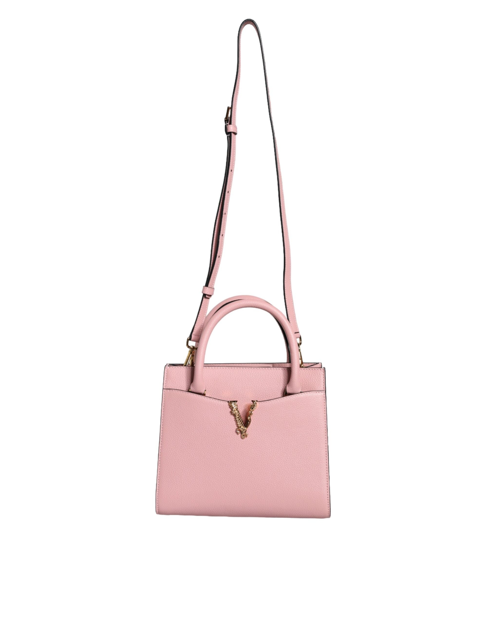 Versace Small Shoulder Bag in Pink Calfskin, Double Handle and V Logo