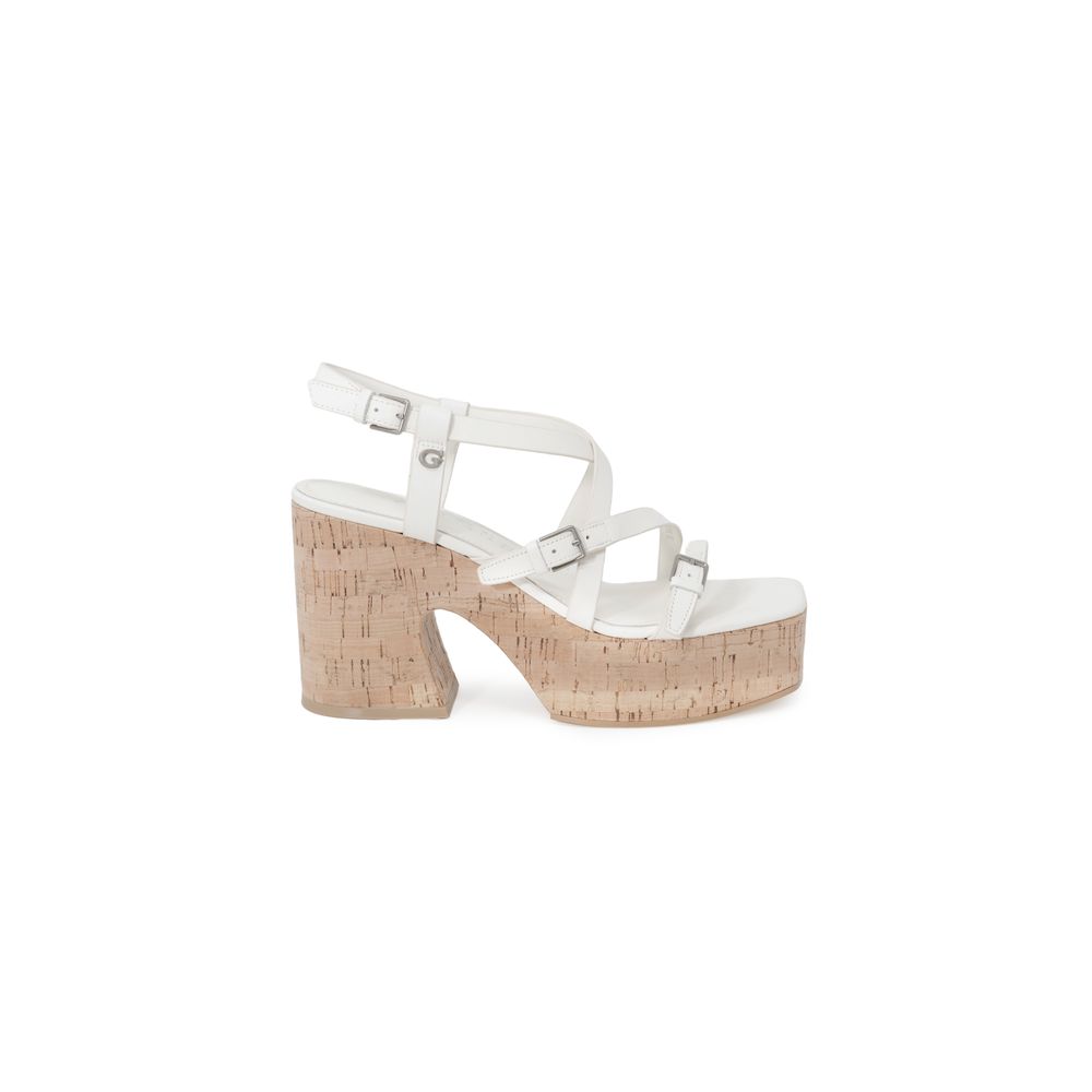 Guess CORKE Platform Block Heel Sandals in Beige Leather