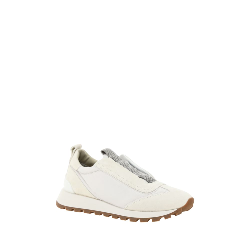 Brunello Cucinelli Sneakers Slip-On Donna in Nylon/Pelle, Dettagli Jewel e Suede
