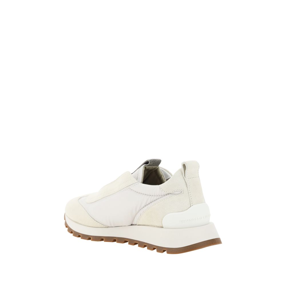 Brunello Cucinelli Sneakers Slip-On Donna in Nylon/Pelle, Dettagli Jewel e Suede