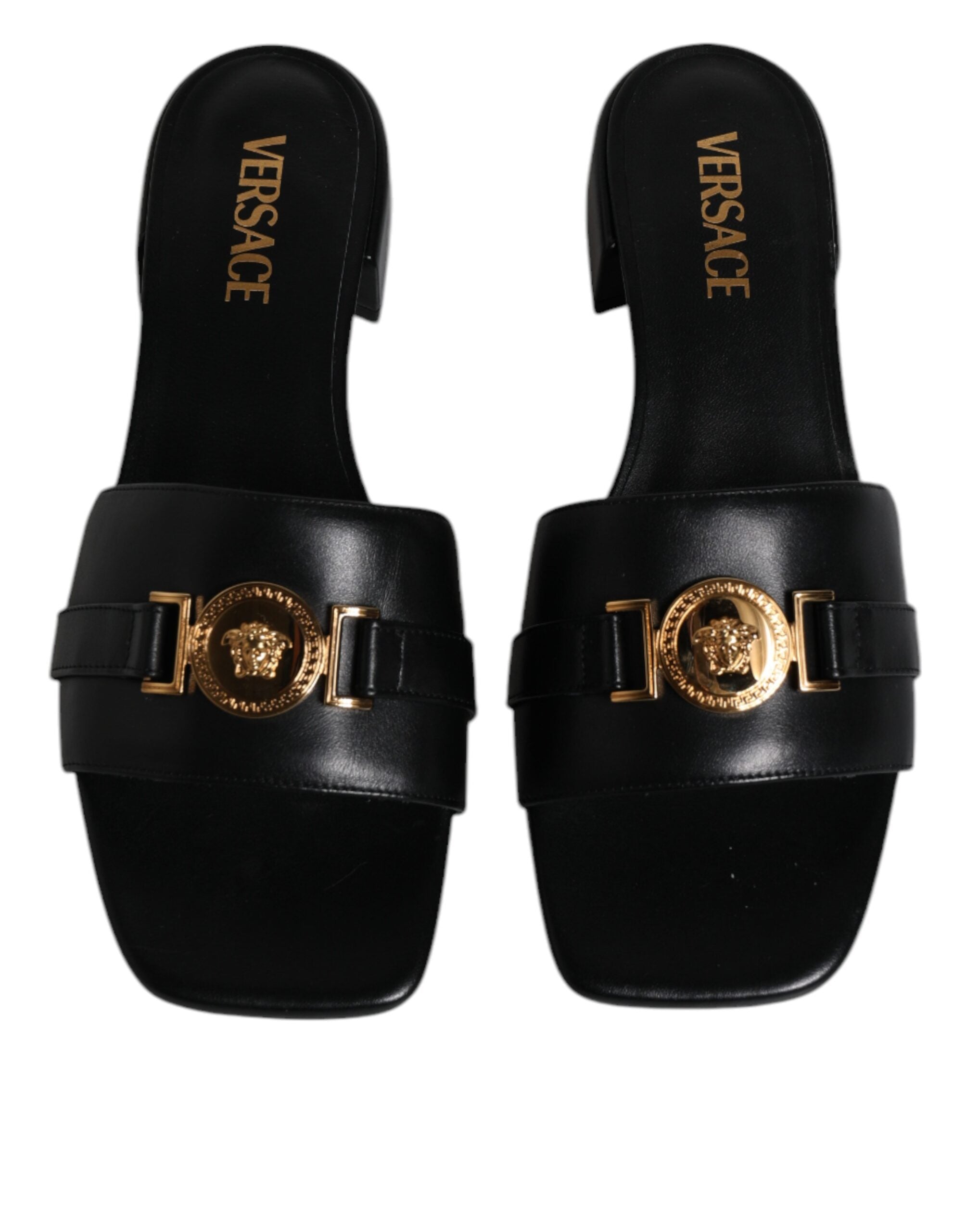 Versace Black Leather Slide Sandals, High Heel, Gold Logo Plaque