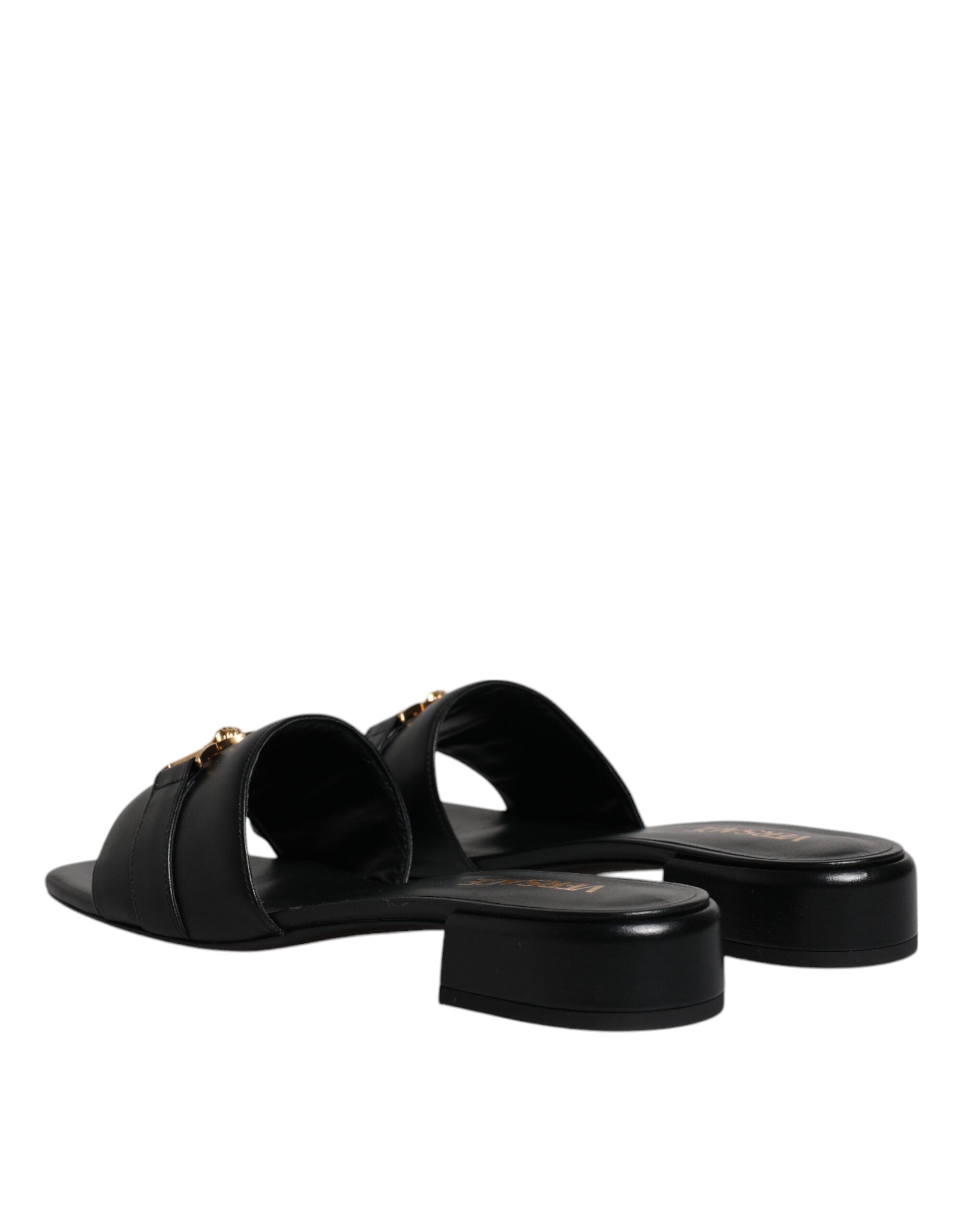 Versace Black Leather Slide Sandals, High Heel, Gold Logo Plaque