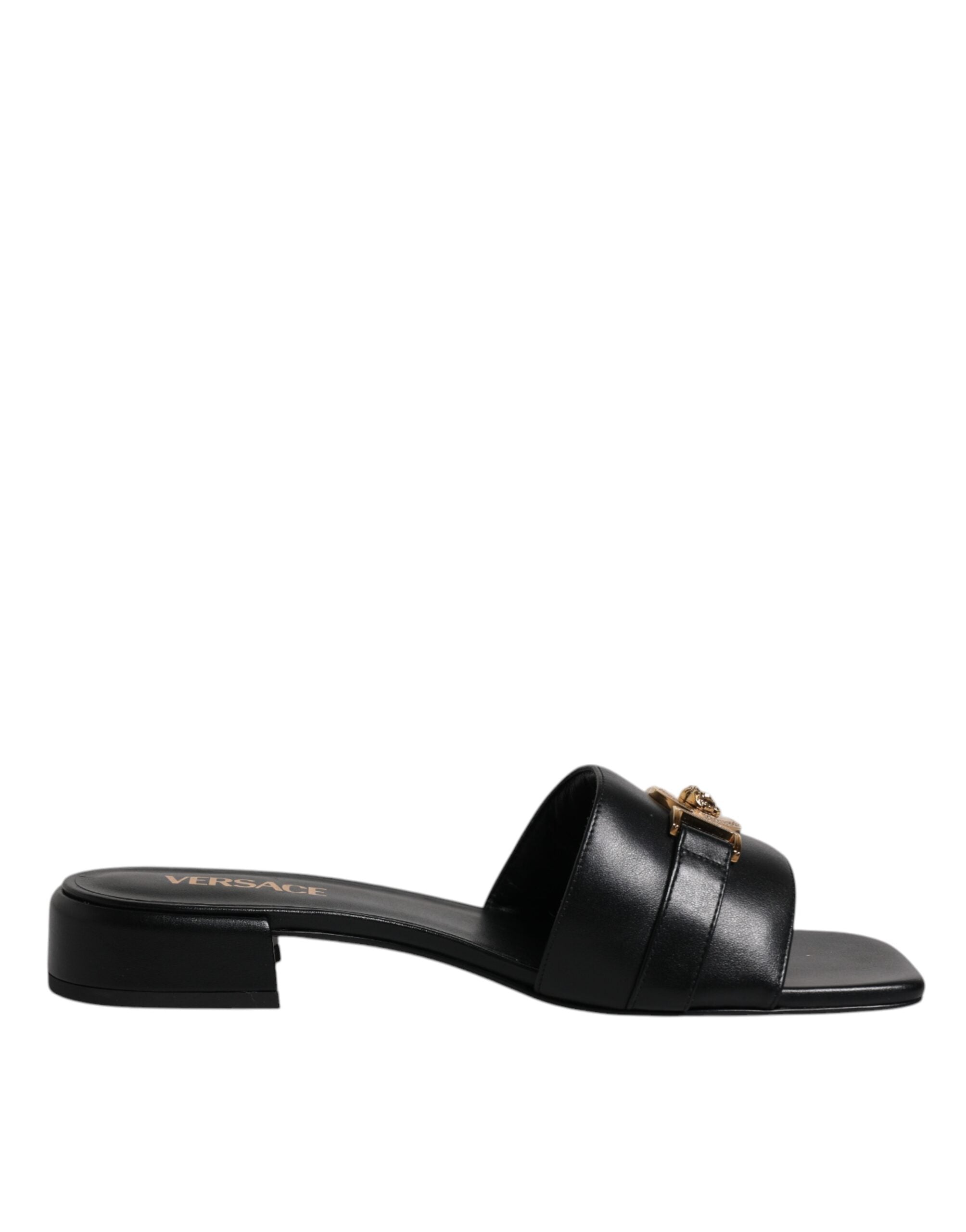Versace Black Leather Slide Sandals, High Heel, Gold Logo Plaque