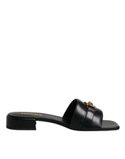 Versace Black Leather Slide Sandals, High Heel, Gold Logo Plaque