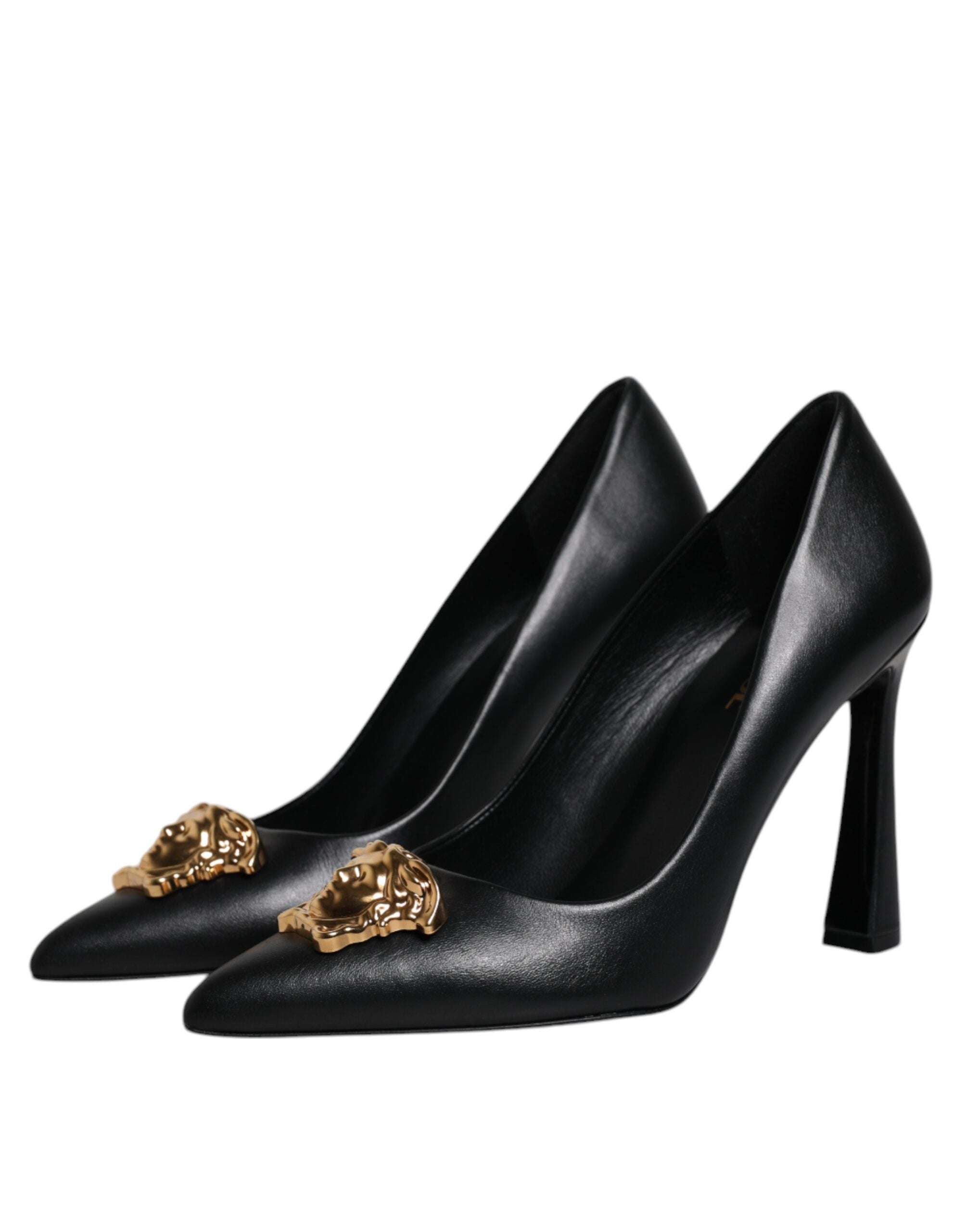 Versace High Heel Pumps in Black Leather, Gold Logo Plaque