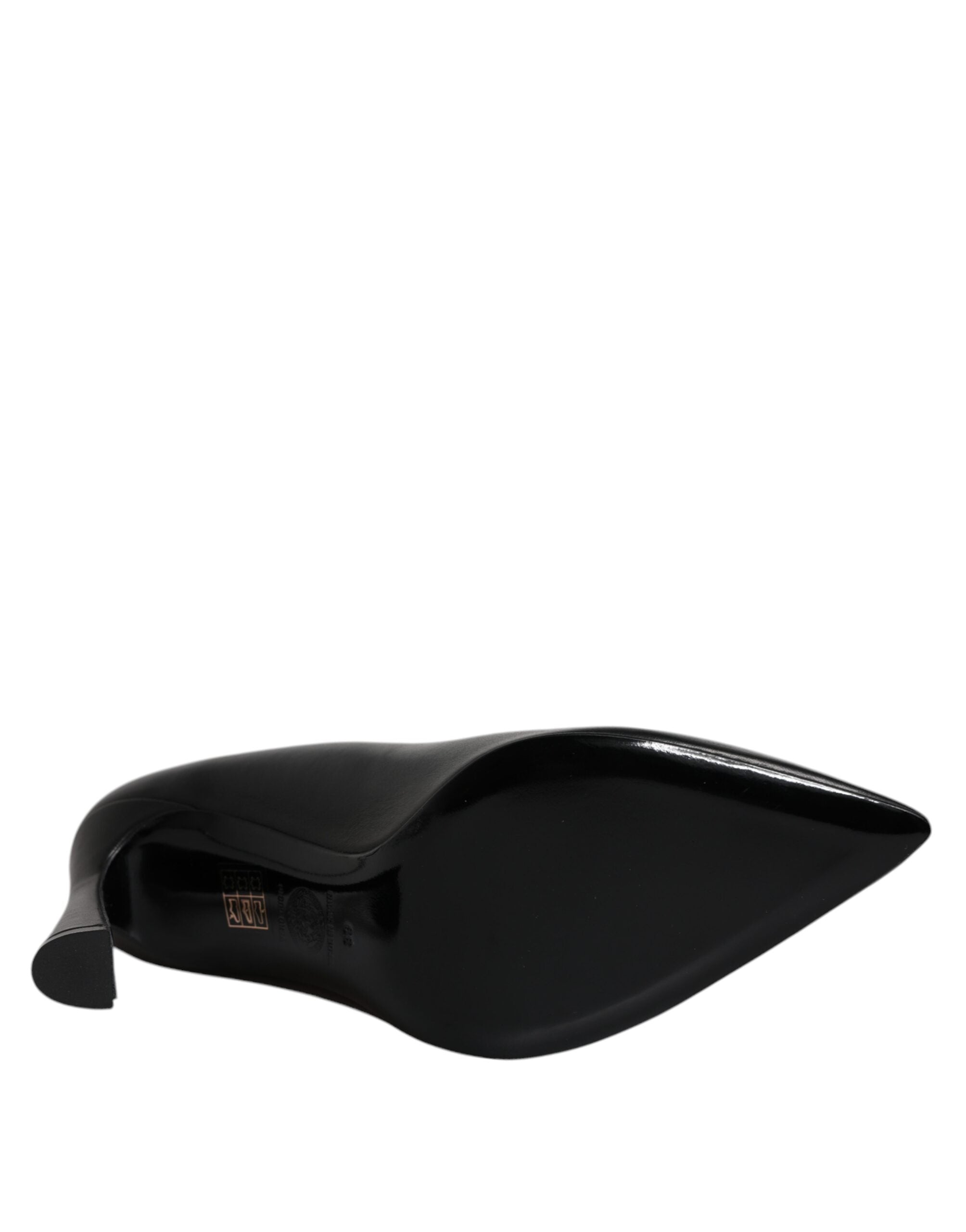 Versace High Heel Pumps in Black Leather, Gold Logo Plaque
