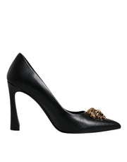 Versace High Heel Pumps in Black Leather, Gold Logo Plaque
