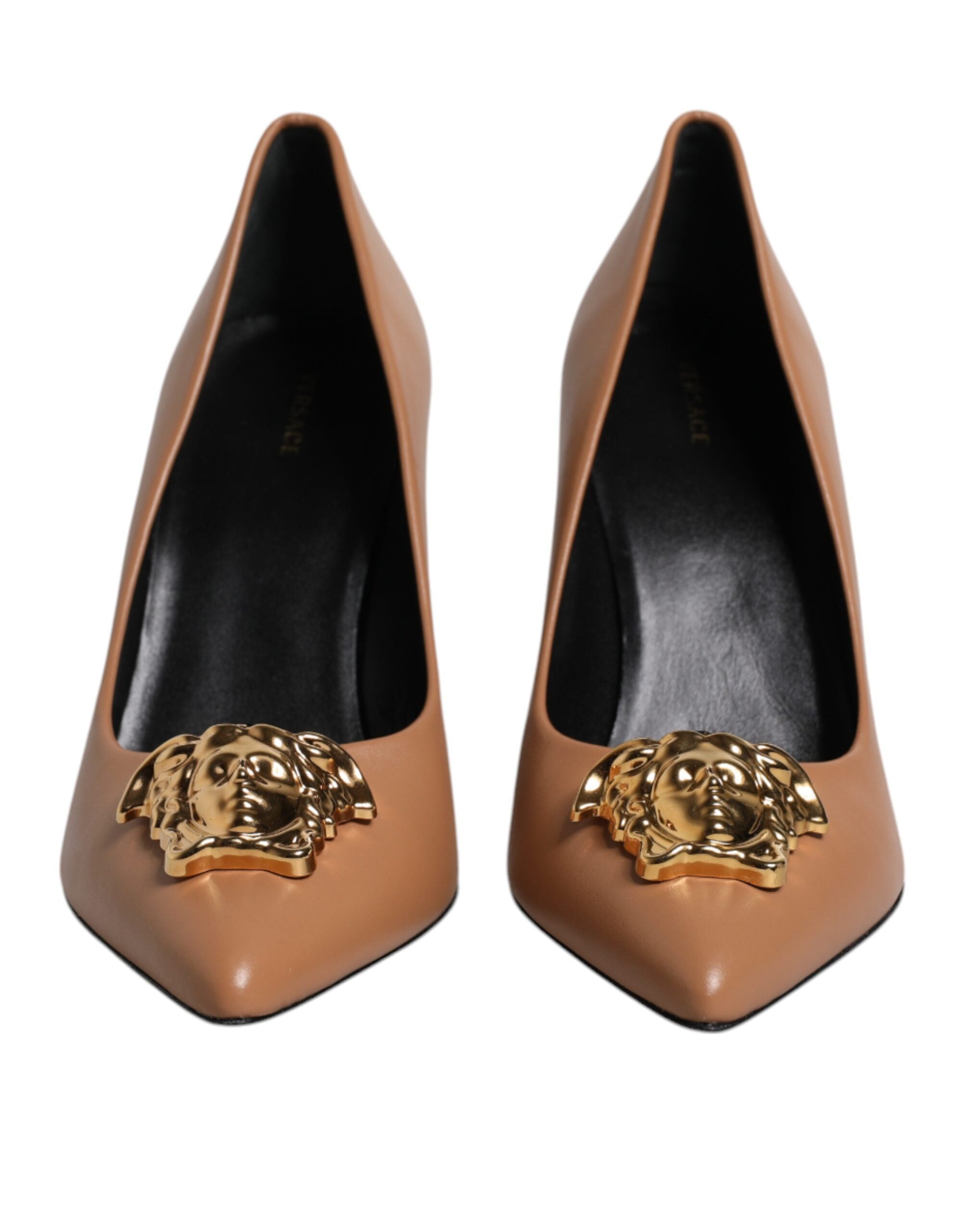 Versace High Heel Pumps in Brown Leather, Gold Logo Plaque