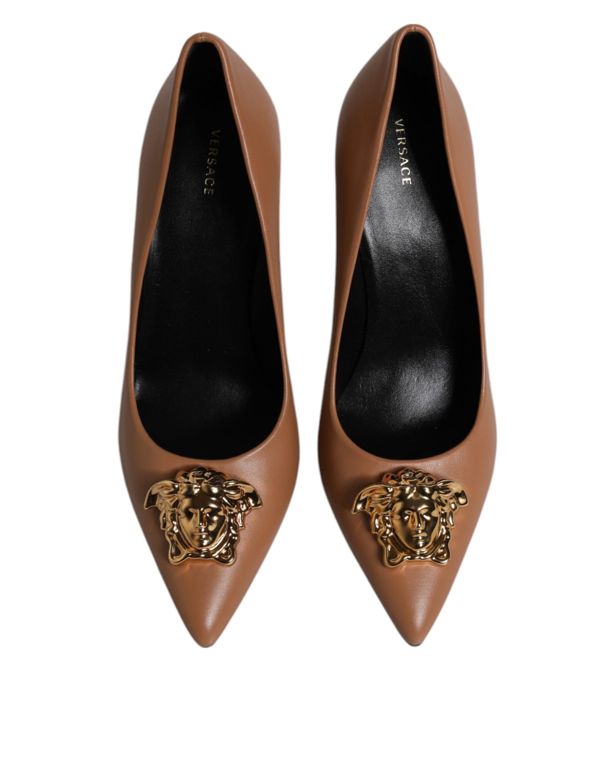 Versace High Heel Pumps in Brown Leather, Gold Logo Plaque