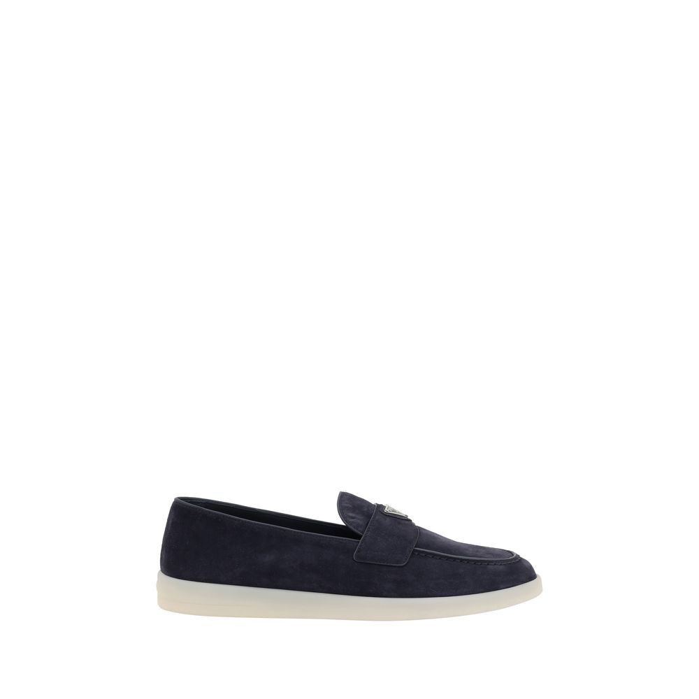 Prada Blue Suede Loafers with Iconic Triangle Logo