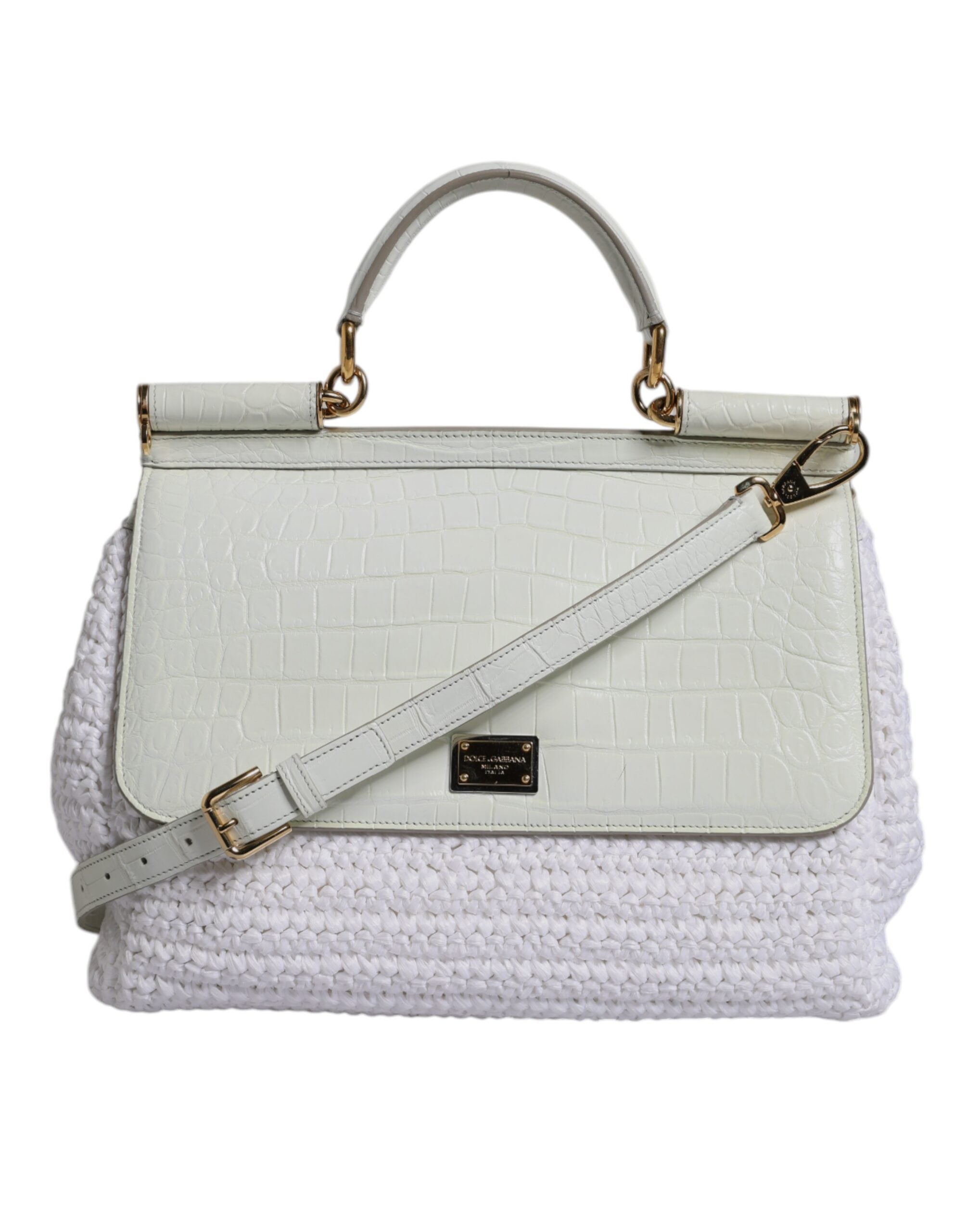 Dolce & Gabbana White Rafia Leather Top Handle Crossbody Bag