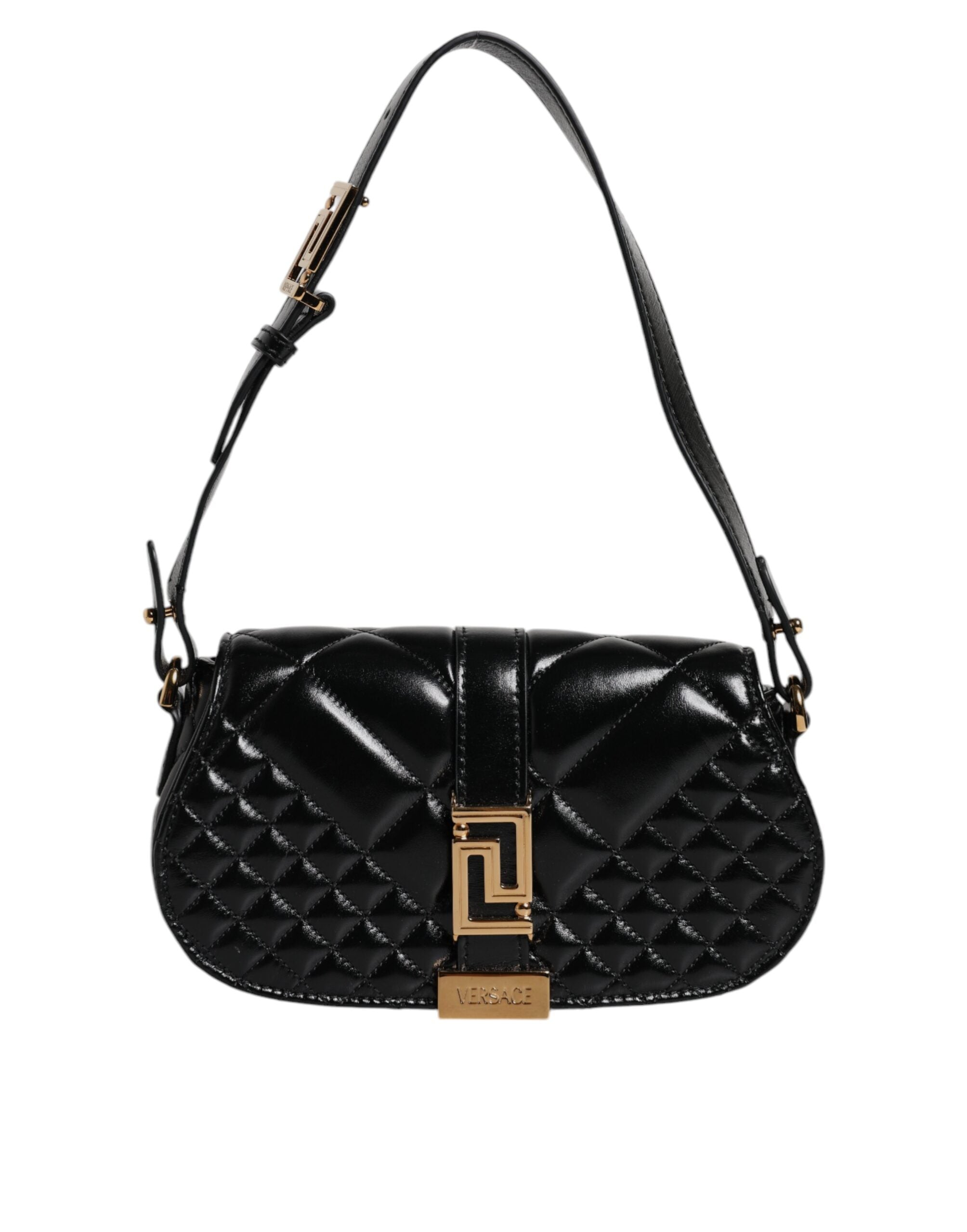 Versace Quilted Shoulder Bag in Black Calfskin, Adjustable 53cm Shoulder Strap
