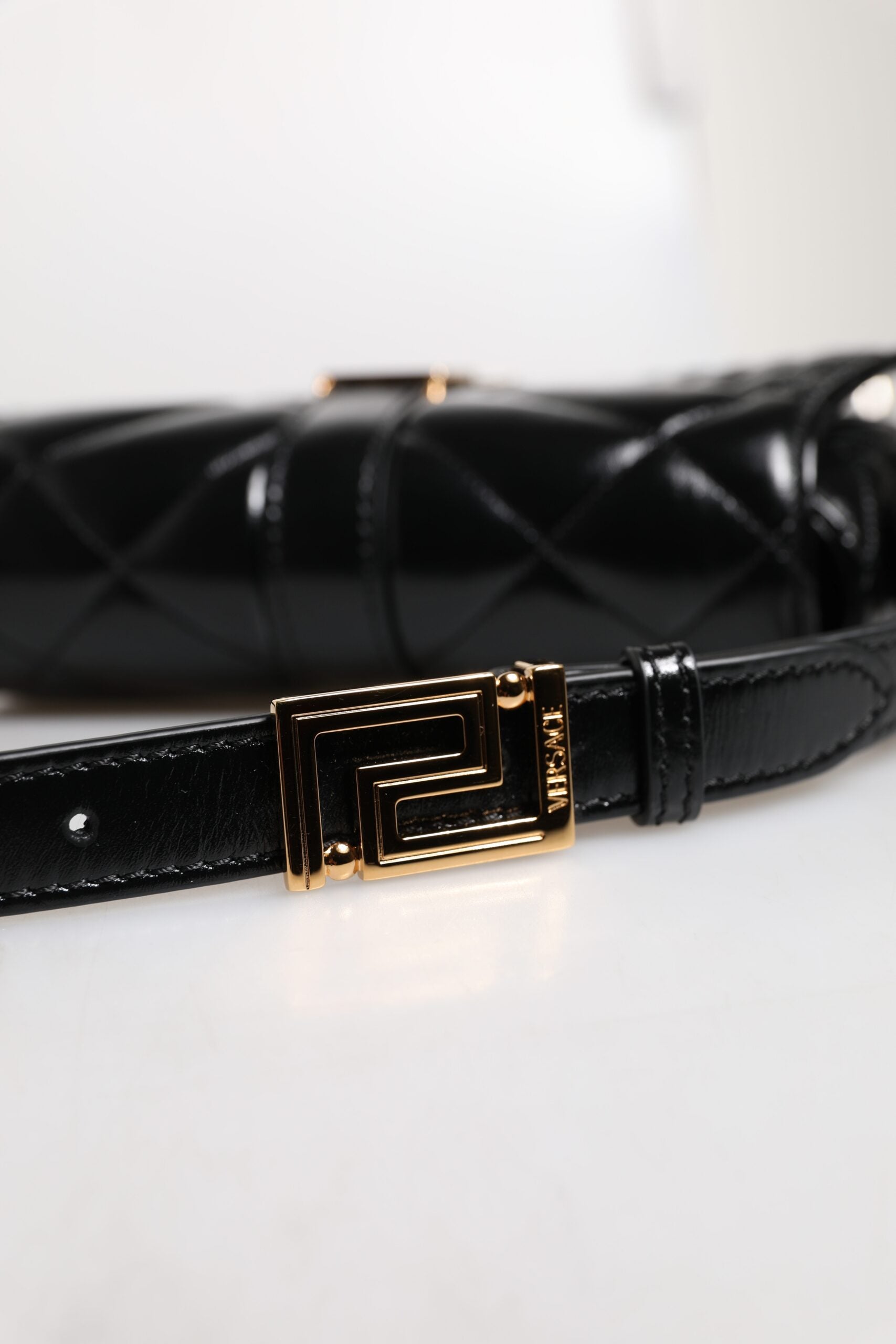 Versace Quilted Shoulder Bag in Black Calfskin, Adjustable 53cm Shoulder Strap