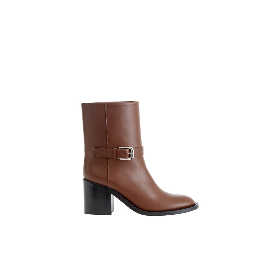 Burberry Brown Leather Ankle Boots with Buckle Strap and Logo