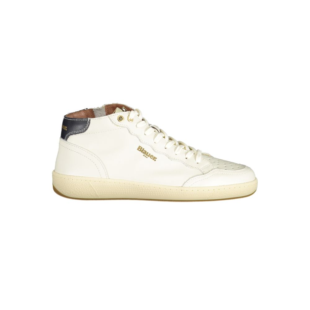 Blauer Men's White Leather Sneakers with Side Zip and Removable Insole