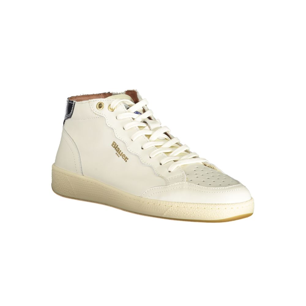 Blauer Men's White Leather Sneakers with Side Zip and Removable Insole