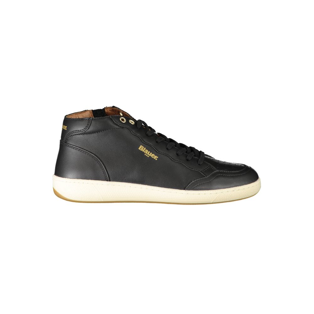 Blauer Men's Black Leather Sneakers with Contrasting Blue Details and Logo