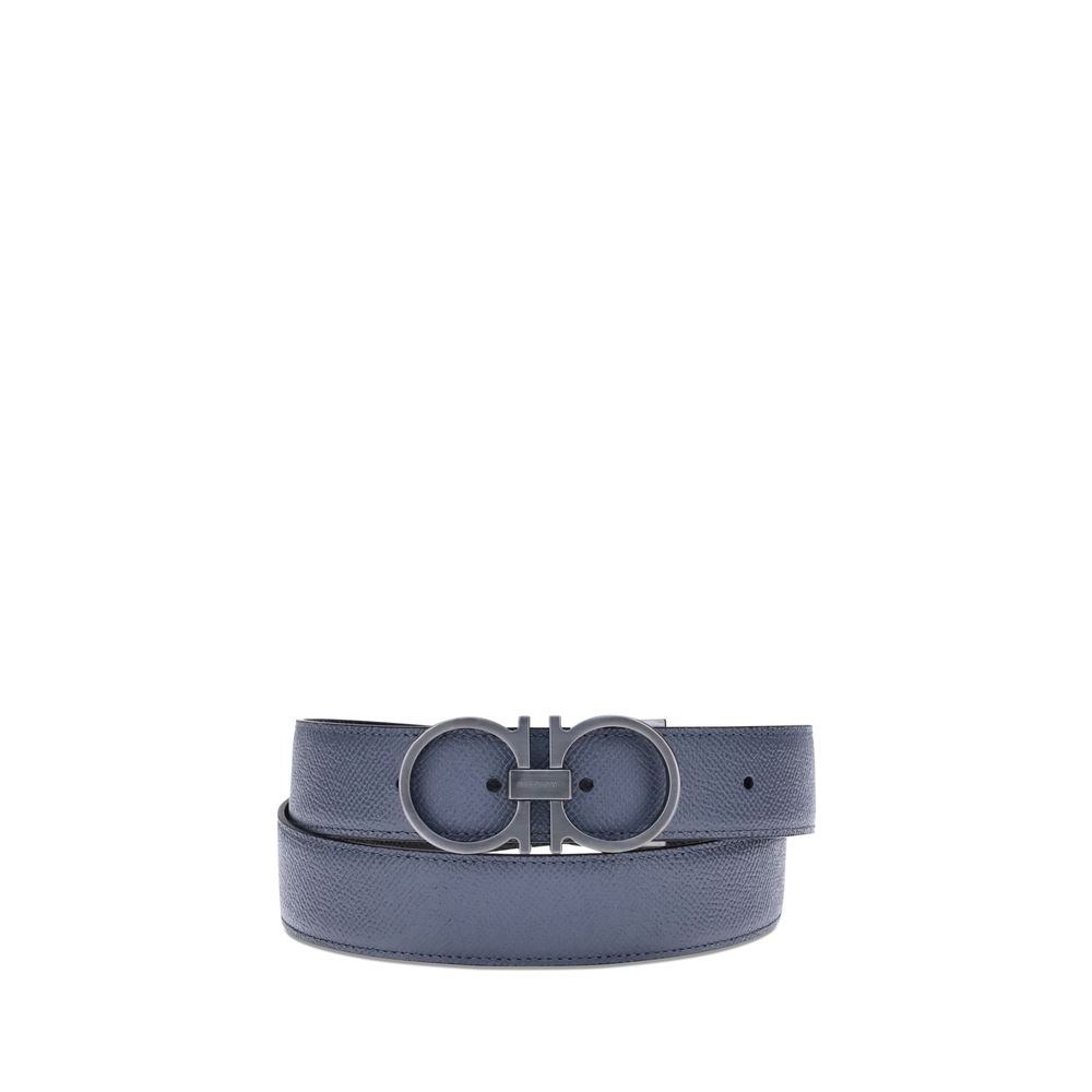 Ferragamo Reversible Belt in Blue Calfskin with Gancini Buckle in Shaded Tones