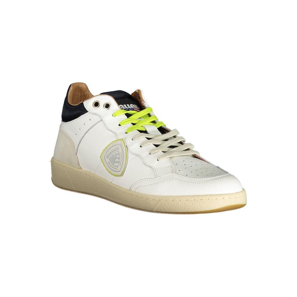 Blauer Men's White Leather Sports Sneakers with Contrasting Details and Removable Insole