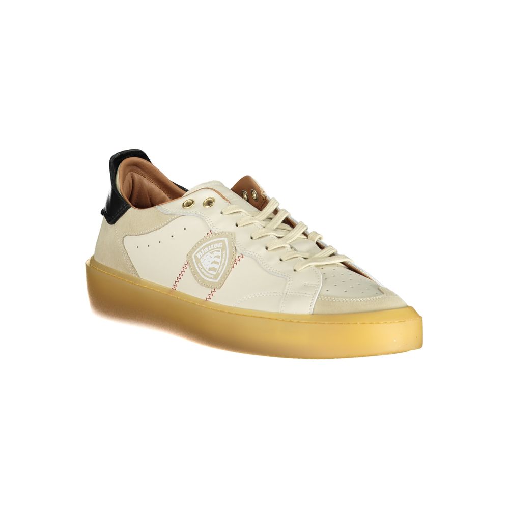 Blauer Men's White Leather Sports Sneakers with Contrasting Details and Removable Insole