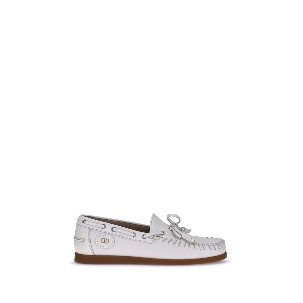 Valentino Garavani White Buffalo Leather VLogo Slip-On Boat Loafers