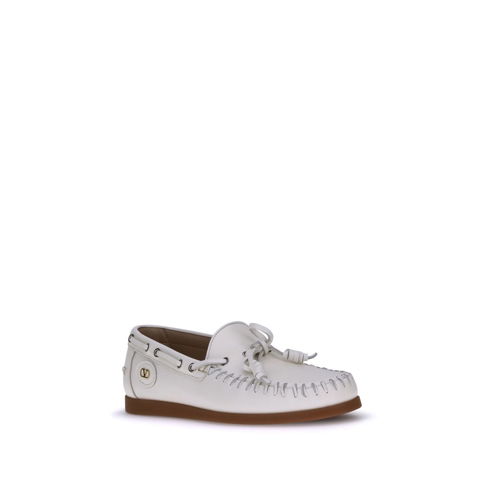 Valentino Garavani White Buffalo Leather VLogo Slip-On Boat Loafers